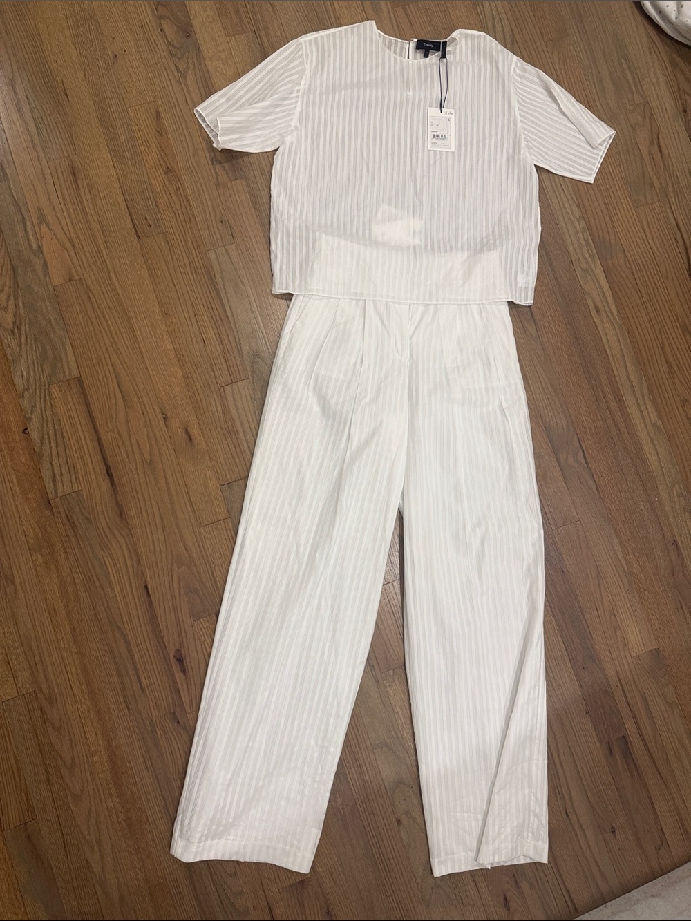 Theory White Pinstripe Wide-Leg Pants Set